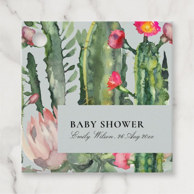 GRÅ ROSA BLOMMIG ÖKENKAKTUS LÖV BABYSHOWER GÅVOR ETIKETTER (Framsida)