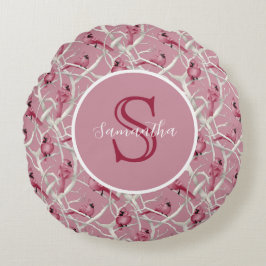 Grå Rosa Kardinalfåglar Personlig Monogram Rund Kudde