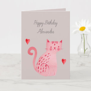 Grå Rosa Katt Hjärta Födelsedag Kort