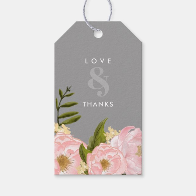 Grå |  Rosa Peonies Tack Bröllop Presentetikett (Framsidan)