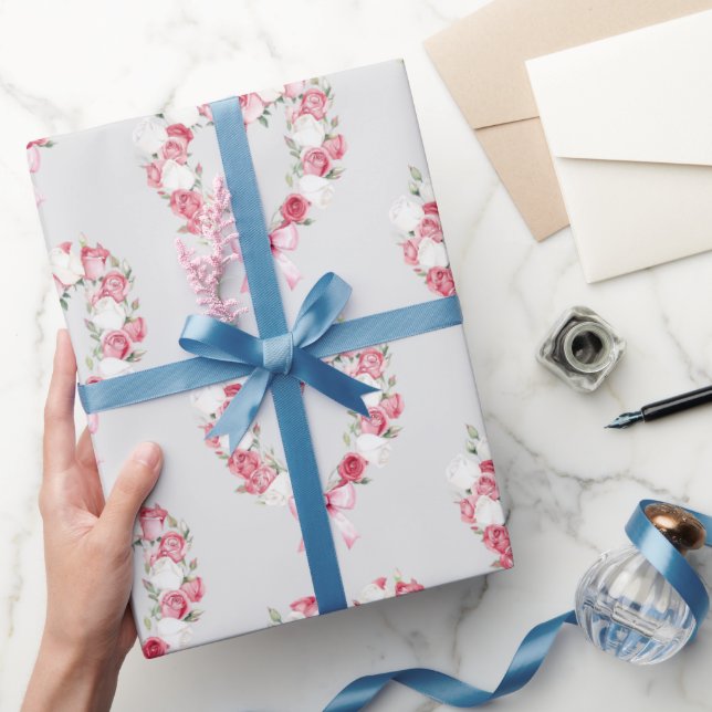 Grå Rosa Rosa Ros Blommig Hjärtbröllopsdusch   Presentpapper (Gifting)