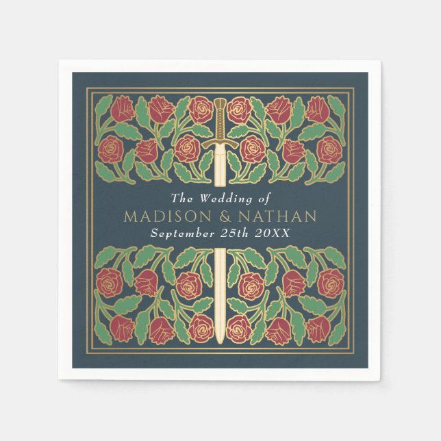 Grå Royal Medeltida Guld Blommig Svärd Bröllop Pappersservett (Framsidan)