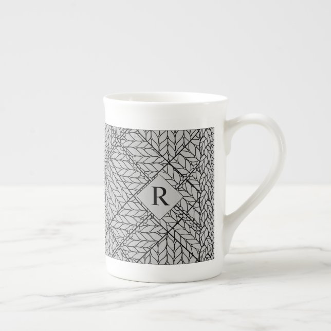GRÅ RUTIG STICKAD Benporslinsmugg + text  Benporslin Mugg (Höger)