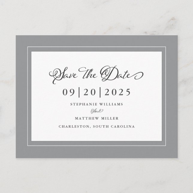 Grå Save The Date Elegant Bröllopschic Icke Foto Meddelande Vykort (Framsida)