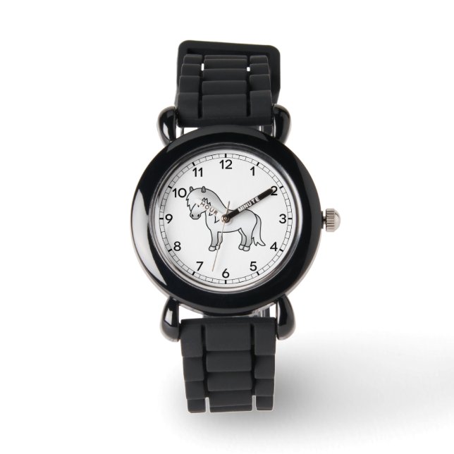 Grå Shetlandsponny Söt Tecknad Illustration Armbandsur (Framsida)