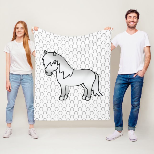 Grå Shetlandsponny Söt Tecknad Illustration Fleecefilt (På plats)