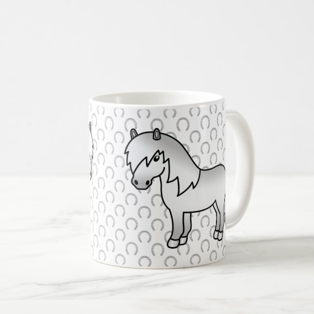 Grå Shetlandsponny Söt Tecknad Illustration Kaffemugg (Framsida höger)