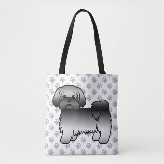 Grå Shih Tzu Söt Tecknad Hund & Tassar Tygkasse (Framsida)