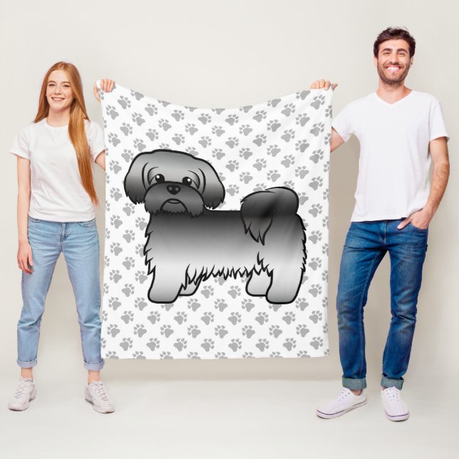 Grå Shih Tzu Söt Tecknad Hundillustration Fleecefilt (På plats)