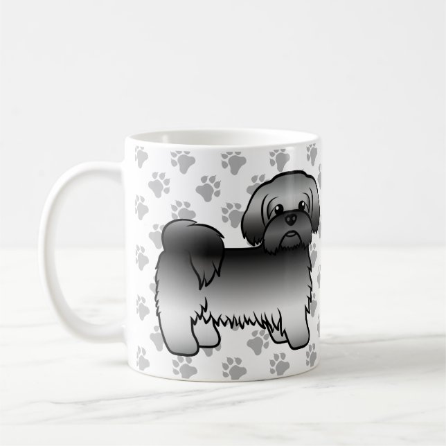Grå Shih Tzu Söt Tecknad Hundillustration Kaffemugg (Vänster)
