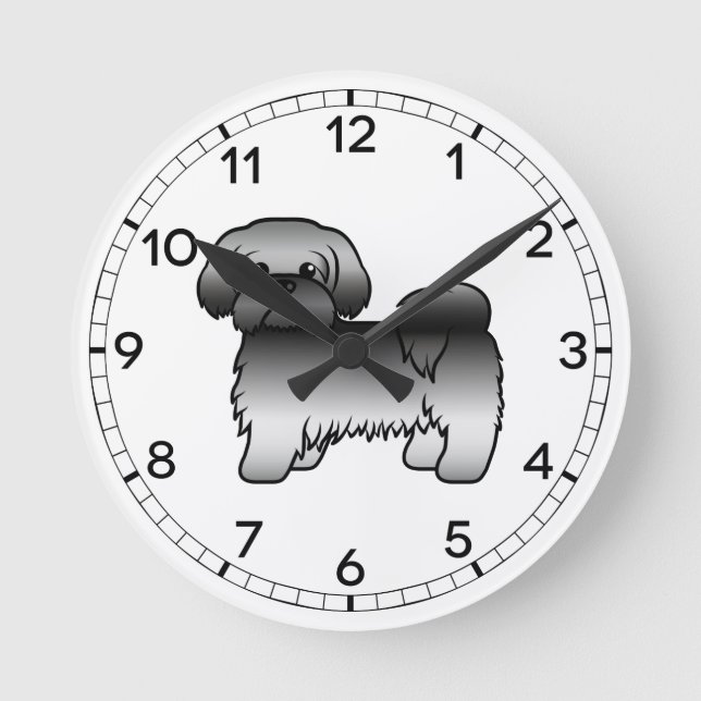 Grå Shih Tzu Söt Tecknad Hundillustration Rund Klocka (Framsida)