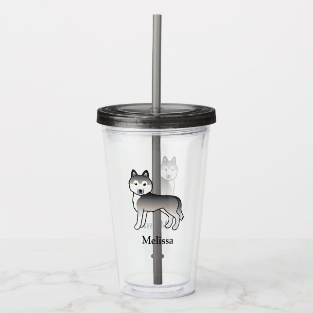 Grå Sibirisk Husky Söt Hund & Anpassat Namn Take Away Mugg (Framsida)