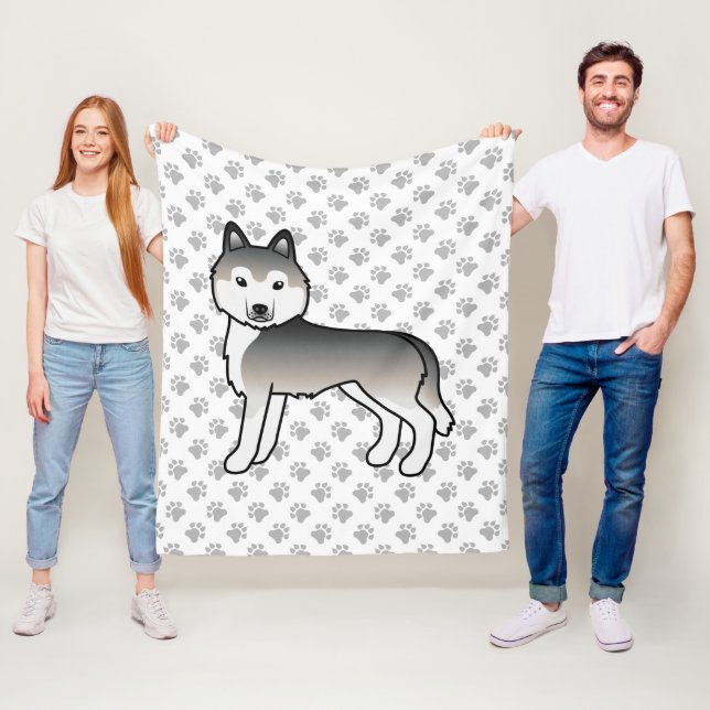 Grå Sibirisk Husky Tecknad Hund & Tassar Fleecefilt (På plats)