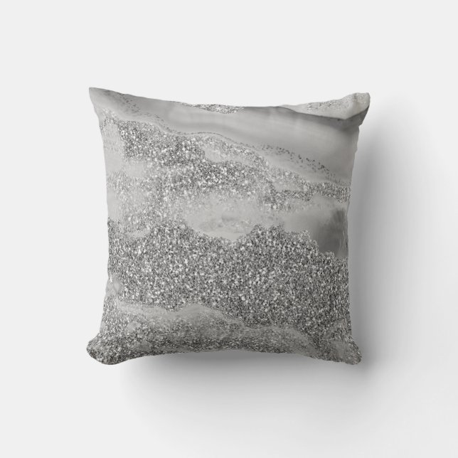 Grå Silver Glitter Lyx Agat Geod Kudde (Framsida)