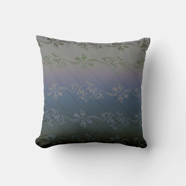 Grå Silver Gradient Randig Blommig Bladsmönster Kudde (Framsida)