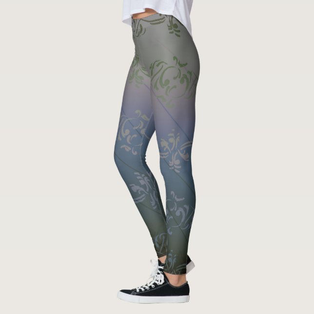 Grå Silver Gradient Randig Blommig Bladsmönster Leggings (Vänster)