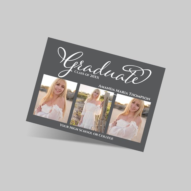 Grå Skript 3 Foto Examen Annonsering Inbjudningar (Elegant grey three photo graduation announcement with script graduate text and senior portraits.)