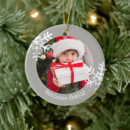 Grå Snöflinga Familjefoto Julgransprydnad Keramik