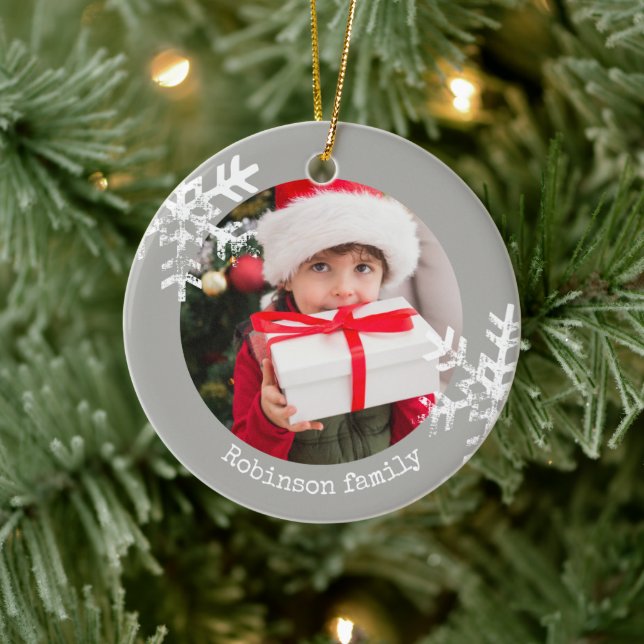 Grå Snöflinga Familjefoto Julgransprydnad Keramik (Träd)
