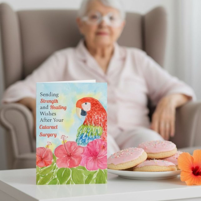 Grå starr-kirurgi Helande Röda Arara, Hibiskus Kort (Skapare uppladdad)