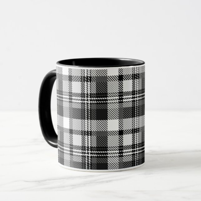 Grå Svart Vit Madras Rutig Design  Mugg (Framsida vänster)
