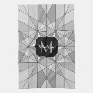 Grå svart vit Mosaik Triangel Mönster Monogram Kökshandduk