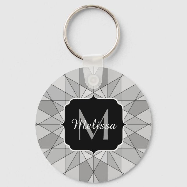 Grå svart vit Mosaik Triangel Mönster Monogram Nyckelring (Framsida)