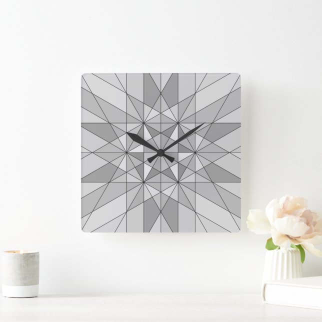 Grå svart vit Mosaik Triangel retro Mönster Fyrkantig Klocka (Hem)