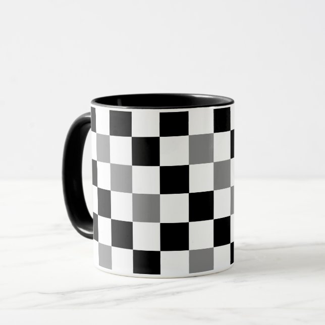 Grå Svart Vit Rutig Mönsterdesign  Mugg (Framsida vänster)