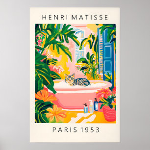 Grå Tabby Katt Badrum Konsttryck Matisse Stil Poster