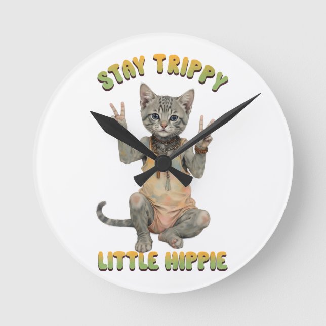 Grå Tabby Katt Boho Stanna Trippy Lilla Hippie  Rund Klocka (Framsida)