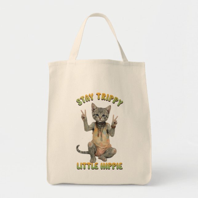 Grå Tabby Katt Boho Stanna Trippy Lilla Hippie  Tygkasse (Framsidan)