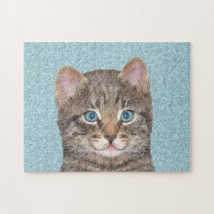 Grå Tabby Katt Målning - Söt Original Kat Konst Pussel