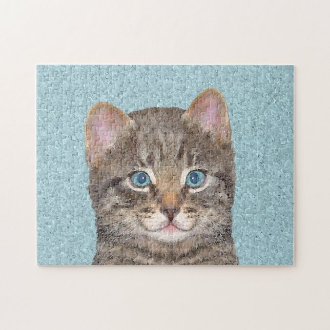 Grå Tabby Katt Målning - Söt Original Kat Konst Pussel (Horisontell)