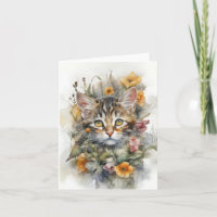 Grå Tabby Katt med Blommor Tom Hälsningskort 