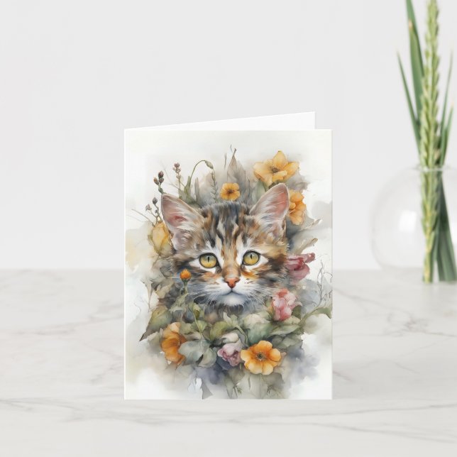 Grå Tabby Katt med Blommor Tom Hälsningskort  Kort (Framsida)