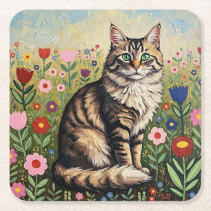Grå Tabby Katt och Folkliga Blommor Underlägg Papper Kvadrat