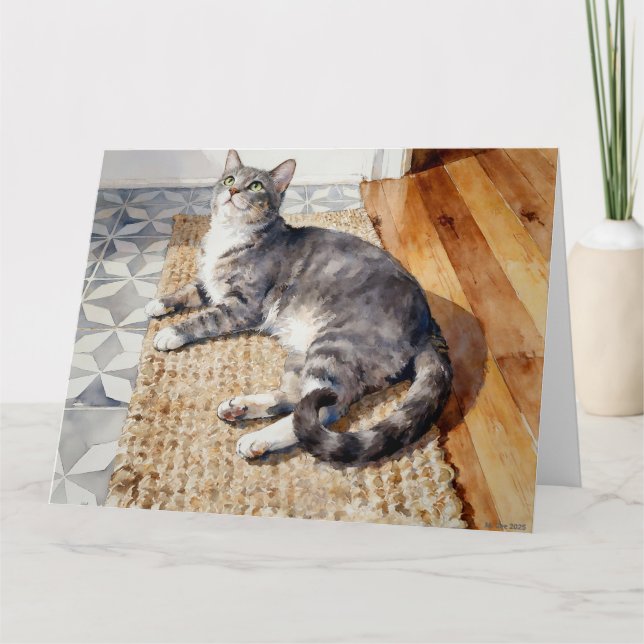Grå Tabby Katt Studie B i Akvarell Kort (Framsida)