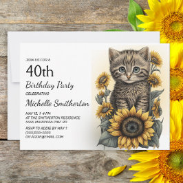 Grå Tabby Kattunge Katt Solrosor 40-årsdag Inbjudningar