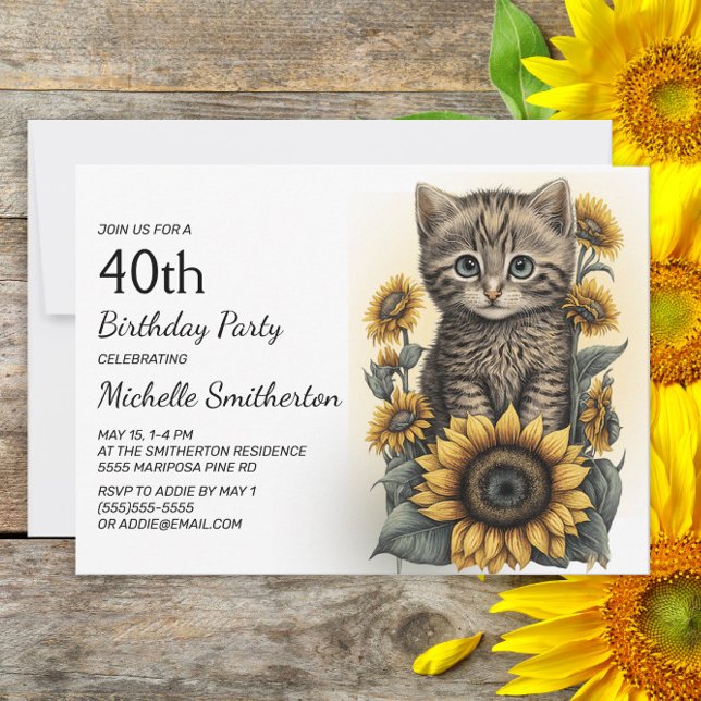 Grå Tabby Kattunge Katt Solrosor 40-årsdag Inbjudningar (Skapare uppladdad)