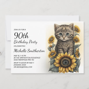 Grå Tabby Kattunge Katt Solrosor 90-årsdag Inbjudningar