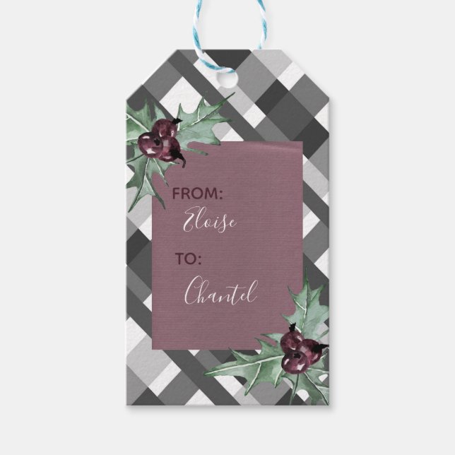Grå Tartan Lila Blommig Jul Presentetikett (Framsidan)