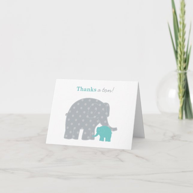Grå Teal Faltad Elefant Mamma Baby Tack Kort (Framsida)