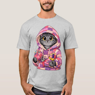 Grå tigerkatt i T-shirt med övercyklad filt-hoodie