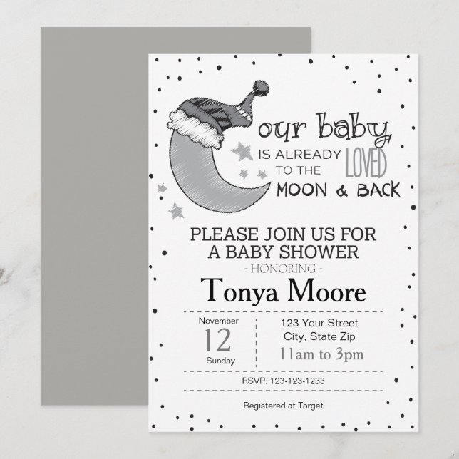 Grå Till månen och tillbaka Baby Shower Inbjudan (Fram/baksida)