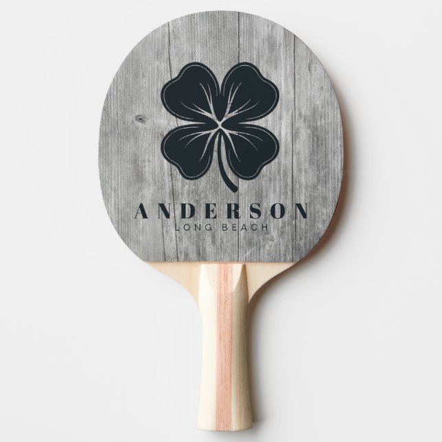 Grå Trä Fyrklöver med Namn Pingisracket (Framsidan)