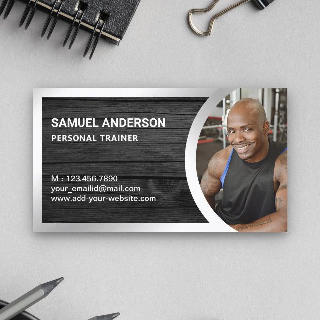 Grå Trä Silver Fitness Personlig Tränare Foto Visitkort (Skapare uppladdad)