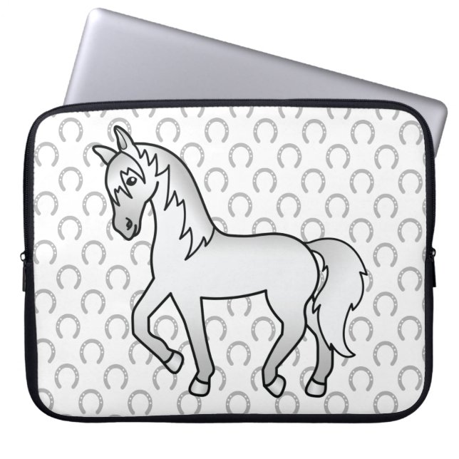 Grå Travande Häst Söt Tecknad Illustration Laptop Fodral (Framsidan)