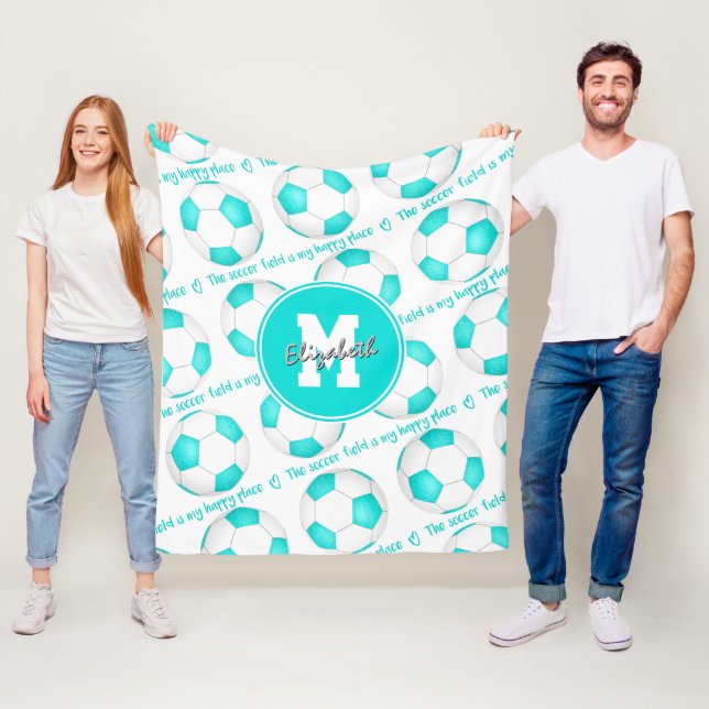Grå turkos Soccer fält är min lycklig ställe Fleecefilt (På plats)