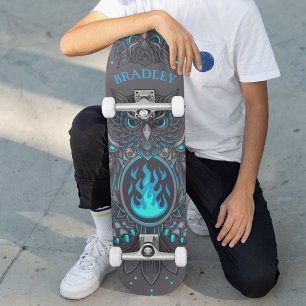 Grå Ugglas Cool Moderna Anpassade Namn Mini Skateboard Bräda 18,5 Cm